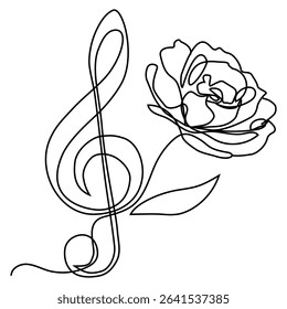 Clef rose icon. Music flower symbol. Single line design. Vector white background.
