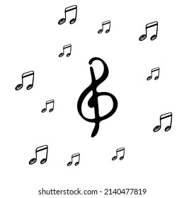 Clef trebl with notes jazz music set. Piano key symbol isolated on white. Composition melody sketch hand drawn illustration.	