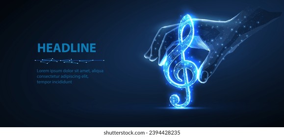Clef treble in digital hand on blue. AI generated music, digital music, Orchestra entertainment, Modern technology, Music school symbol, Key tune, Treble note, artificial art concept svg