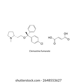 Estrutura esquelética de fumarato de clemastina. Ilustração esquemática do composto anti-histamínico. Diagrama simples, fórmula química.