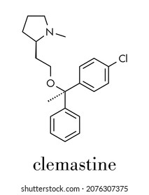 Clemastine (meclastine) antihistamine drug molecule. Used to treat allergy and itching. Skeletal formula.