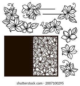 CLEMATIS CARD FLOWERS Monochrome Wedding Collection From Flowers And Greeting Card Openwork Contours For Cutting And Print Cartoon Clipart Vector Illustration Set