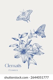 Clematis flores buquê e borboletas. Toile art Vetor vintage modelo, azul bege. Elementos desenhados à mão. Ilustração elegante para cartão de saudação de design, decoração de casamento, convite, presente