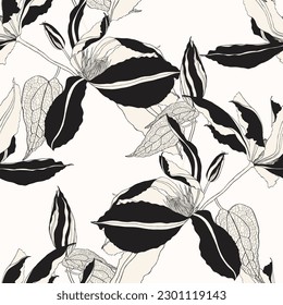 Clematis Flowers. Floral Tropical Seamless Pattern for Wallpaper, Print, Fabric, Textile. Summer Background with Blooming line Flowers and Leaves.