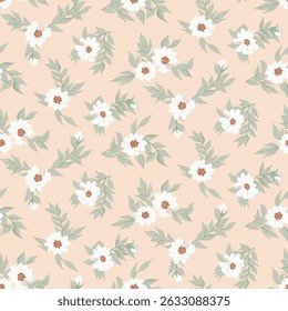Clematis flowers and leaves in a vintage minimalist floral botanical pattern in colors of off white, brown, green on cream background. Seamless vector pattern. Great for home decor, fabric, wallpaper.