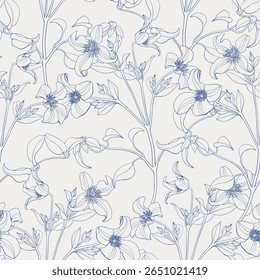 Clematis flores linha arte vetor sem emenda padrão, bege azul. Elementos desenhados à mão. Fundo floral para embalagem de design, têxtil, papel de embrulho, papel de parede, Vestuário de moda. Monocromático