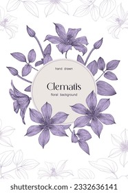 Clematis flowers Vector floral template. Purple elements on a beige and white background. Hand drawn illustration for design greeting card, invitation, wedding
