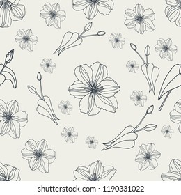Clematis Sally flowers and buds vector seamless pattern. Outline shapes of flowers, buds, and leafs in dark blue colour on pearl white background. 