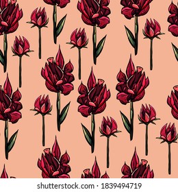 Clematis seamless background pattern, orange background,cartoon style, doodle, peach color, decoration, wallpaper, gift paper, ornate, fashion, celebration, for clothes, fabric, backdrop, cloth, flora