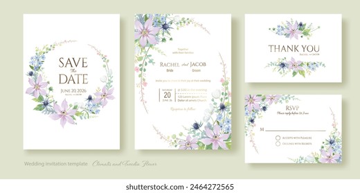 Clematis and Tweedia flower with greenery for wedding Invitation card, save the date, thank you, rsvp template. Vector