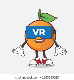 Clementine Orange cartoon mascot character with Virtual reality headset