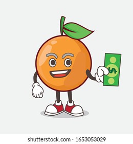 Clementine Orange cartoon mascot character giving dollar money