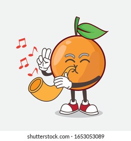 Clementine Orange cartoon mascot character playing music with trumpet