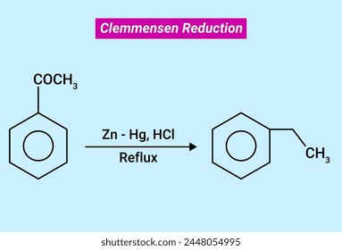 Clemmensen Reduction: The reduction of carbonyl groups of aldehydes and ketones to methylene groups with amalgamated Zinc and concentrated HCl. svg