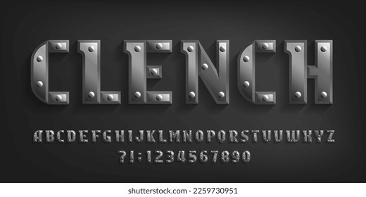 Clench alphabet font. Riveted metal letters and numbers. Stock vector typeface for your typography design.