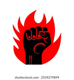 clenched burning hand silhouette, protesting hand illustration, strong fire fist design vector 