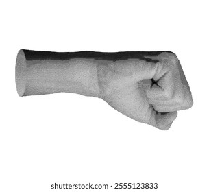 Clenched fingers, fist bump, side view, isolated on white background. Halftone dotted retro style vector