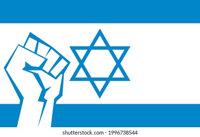 Clenched fist against the background of the flag of Israel. Symbol of freedom and military resistance between Israel and Palestine. Isolated clipart.