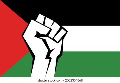 Clenched fist against the background of the flag of Palestine. A symbol of freedom and military resistance between Israel and Palestine. Isolated clipart.