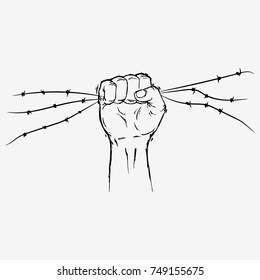 Clenched fist with barbed wire, resistance and revolution symbol concept. Hand drawn vector illustration. Black and white