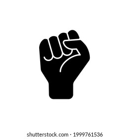 Clenched fist black glyph icon. Demonstration of power. Boxing sign. Sign of fight for rights. Social and political movement. Silhouette symbol on white space. Vector isolated illustration