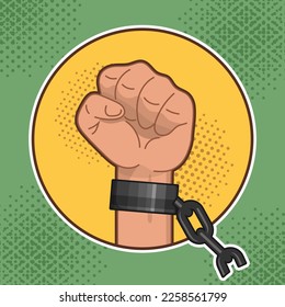 Clenched fist with broken chains in a round frame. An emblem, a sign as a symbol of the uncompromising struggle for one's own rights. Vector illustration