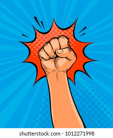 Clenched fist drawn in pop art retro comic style. Cartoon vector illustration