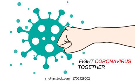 Clenched Fist Fighting To Virus On White Background. Concept Fight Coronavirus Together. Vector Illustration.