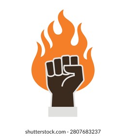 A clenched fist with flames rising up in the background symbolizing anger protest movement