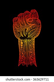 A clenched fist with floral. Hand drawing illustration.