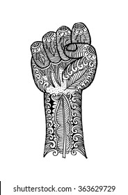 A clenched fist with floral. Hand drawing illustration.