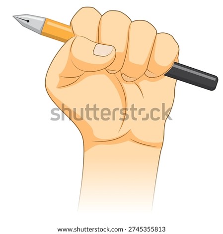 A clenched fist grasps a pencil in a vector graphic illustration, showcasing a bold and dynamic design.
