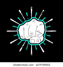 Clenched fist, grunge design with sun burst. Vector illustration on black background