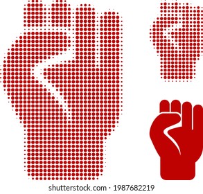 Clenched fist halftone dotted icon. Halftone array contains round points. Vector illustration of clenched fist icon on a white background.