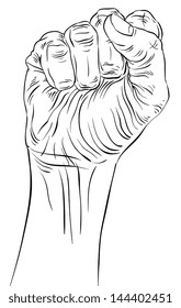 Clenched fist held high in protest hand sign, detailed black and white lines vector illustration, hand drawn.