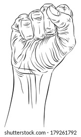 Clenched fist held high in protest hand sign, detailed black and white lines vector illustration, hand drawn.