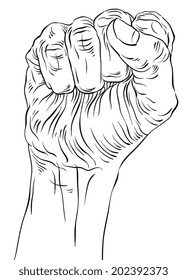 Clenched fist held high in protest hand sign, detailed black and white lines vector illustration, hand drawn.