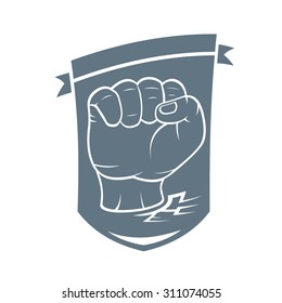 A clenched fist held high in protest. Vector Illustration (label, stamp).