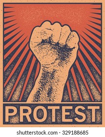 A clenched fist held high in protest, vector illustration distressed style.