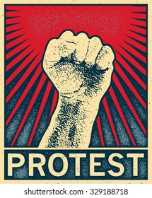 A clenched fist held high in protest, vector illustration distressed style.