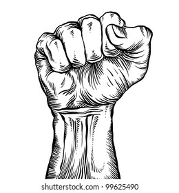 A clenched fist held high in protest.