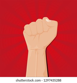 Clenched fist held high vector on red radius background. illustration. brush style.