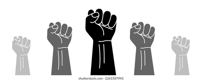 Clenched fist held in protest. Raised fists resistance. Raised fist as a symbol of protest, strength or victory. Vector illustration.