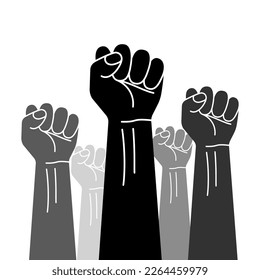 Clenched fist held in protest. Raised fists resistance. Raised fist as a symbol of protest, strength or victory. Vector illustration.