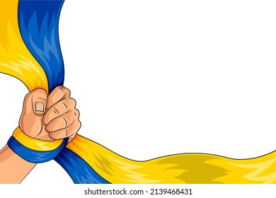 Clenched fist holding the ribbon of the Ukrainian flag. Man hand with flag is raised up. Background as symbol of national unity and freedom. Independence Day. Solidarity with Ukraine. Vector EPS10