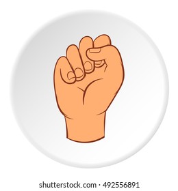 Clenched fist icon in cartoon style on white circle background. Gestural symbol vector illustration