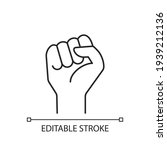 Clenched fist linear icon. Demonstration of power. Boxing sign. Sign of fight for rights. Thin line customizable illustration. Contour symbol. Vector isolated outline drawing. Editable stroke