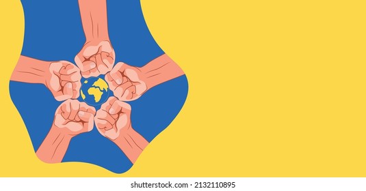 clenched fist on the background of the Ukrainian flag. solidarity with Ukraine. stop war. glory to Ukraine. vector illustration, eps 10.