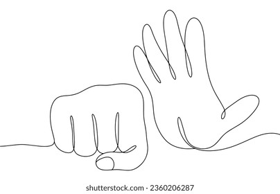 Clenched fist and open palm. No violence. International Day of Non-Violence. One line drawing for different uses. Vector illustration.