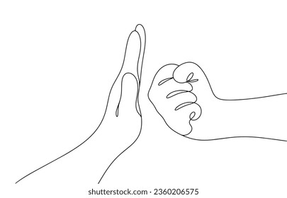 Clenched fist and open palm. No violence. International Day of Non-Violence. One line drawing for different uses. Vector illustration.